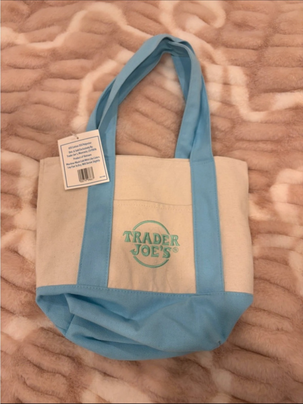 Trader Joe's Cream and Light Blue Canvas Tote